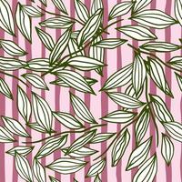 Pastel seamless herbal pattern with foliage abstract figures. Pink stripped background with green contoured leaves. vector