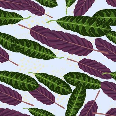 Random leaves shapes seamless pattern. Purple and green botanic ornament on light pastel background.