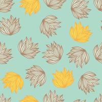 Random bush leaves seamless doodle pattern. Light blue background with yellow and brown contoured foliage. vector