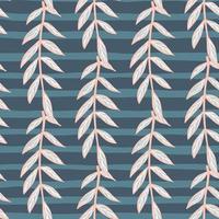 Scrapbook seamless pattern with light leaves branches doodle ornament. Navy blue striped background. vector