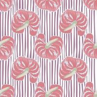 Abstract anthurium flowers seamless pattern on stripe background. Exotic hawaiian plants backdrop. vector