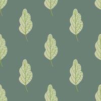 Oak leaf pale seamless pattern in simple hand drawn style. Green foliage on grey background. vector