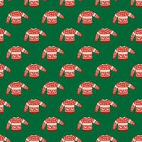 Bright seamless christmas pattern with warm sweater ornament. Red cozy clothes on green background. vector