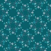 Blue palette seamless nature pattern with creative outline flower bouquet silhouettes. Folk style. vector