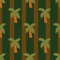 Beach plants seamless nature pattern with doodle palm tree ornament. Browna and green colored striped background. vector