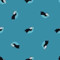 Minimalistic style seamless pattern with doodle puffin wild life print. Blue background. Arctic zoo print. vector