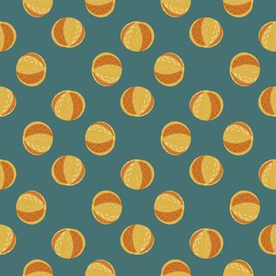Seamless pattern in hand drawn style with orange colored simple beach ball shapes. Turquoise background.