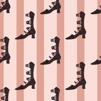 Seamless elegance women accessories doodle pattern with simple black boots silhouettes. Striped background. vector