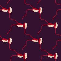 Hand drawn abstract seamless pattern with bright red poppy bud flowers shapes. Purple background. vector