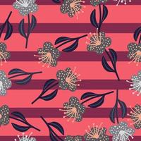 Flower simple navy blue silhouettes seamless pattern. Pink striped background. Botanic random backdrop. vector