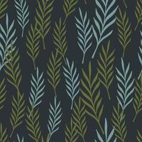 Blue and green random leaf twigs abstract seamless pattern. Dark navy blue background. vector