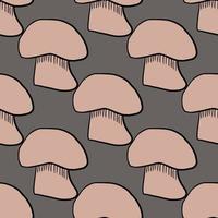 Seasonal fall food seamless pattern with pink outline champignon print. Grey background. vector