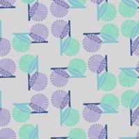 Purple and blue geometric flowers seamless pattern in doodle style. Grey background. Simple artwork. vector