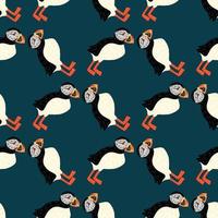 Decorative nature wild seamless pattern with black and white colored puffin bird shapes. Blue background. vector