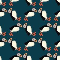 Decorative nature wild seamless pattern with black and white colored puffin bird shapes. Blue background. vector