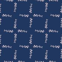 Seamless pattern in geometric style with hand drawn eucalyptus branches. Navy blue background. vector