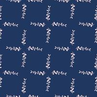 Seamless pattern in geometric style with hand drawn eucalyptus branches. Navy blue background. vector