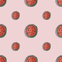 Minimalistic seamless pattern with doodle red watermelon half shapes. Lilac light background. Simple print. vector