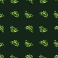 Abstract hand drawn seamless pattern with green monstera leaves print. Dark background. vector