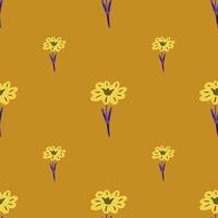 Seamless pattern with hand drawing wild flowers on yellow background. Vector floral template in doodle style. Gentle summer botanical texture.