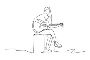 dibujo continuo de una guitarrista sentada tocando la guitarra. Ilustración de vector de diseño de dibujo gráfico de línea única de concepto de rendimiento de artista de músico dinámico