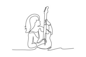 Continuous line drawing of a male sitting guitarist rocker play his electric guitar. Dynamic musician artist performance concept single line graphic draw design vector illustration