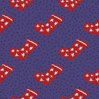 Contrast seamless pattern with doodle christmas socks. Xmas red ornament with stars on purple dotted background. vector