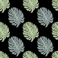 Contrast seamless pattern with green and blue monstera leaves ornament. Black background. vector
