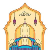 Elegant shape of ramadan kareem  with mosque. Arabic calligraphy of Ramadan Kareem. vector