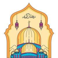 Elegant shape of ramadan kareem  with mosque. Arabic calligraphy of Ramadan Kareem. vector