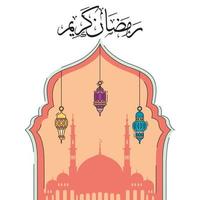 ramadan kareem en saludos de caligrafía árabe con mezquita islámica, ilustración vectorial. vector