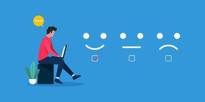 Man choosing face emoticon on the laptop. Customer service evaluation concept. It can be used for web banner and app. vector