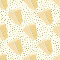 Light yellow popcorn silhouettes seamless hand drawn pattern. White background with dots. vector