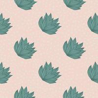 Simple seamless pattern with hand drawn bush leaves. Light pink background with dots and green outline foliage. vector
