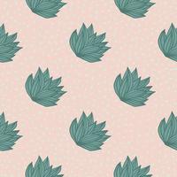 Simple seamless pattern with hand drawn bush leaves. Light pink background with dots and green outline foliage. vector