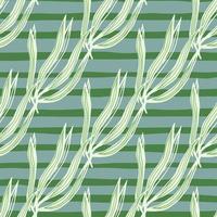 Green seaweeds seamless pattern on stripe background. Underwater foliage backdrop. vector