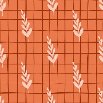 Abstract nature seamless pattern with light leaves branches elements print. Orange chequered background. vector