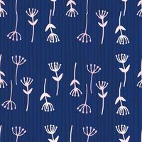 Dandelion contour figures seamless doodle pattern. Navy blue background with strips and white flower elements. vector