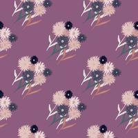 Random seamless pattern with dandelion silhouettes. Purple background with pink, white and navy blue botanic elements. vector