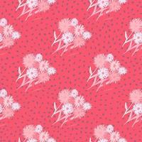 Seamless botanic pattern with soft pink dandelion bouquet silhouettes. Bright background with dots. Spring backdrop. vector