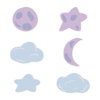ponga la luna, la estrella y la nube en el fondo blanco. espacio de dibujos animados luna llena, media luna, estrella y nube en garabato. vector