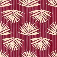 Contrast tropic leaves bush seamless pattern in light yellow color. Maroon background with strips. Stylized botanic print. vector