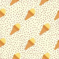 Food seamless pattern with yellow ice cream in waffle cone. White background with red dots. vector