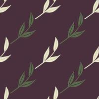 Minimalistic nature style seamless pattern with white and green nordic leaf twigs print. Brown background. vector