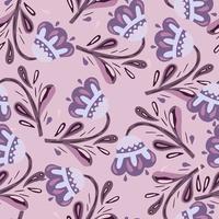 Folk flowers abstract seamless pattern with violet ornament. Pink backround. Doodle botanic print. vector