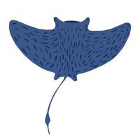 Stingray isolated on white background. Cute aquatic character blue color in hand drawn style. vector
