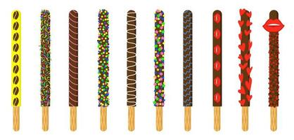 Pepero day. Biscuit sticks in chocolate. Icing colorful geometric shapes. Pocky straw stick set. Vector illustration isolated.