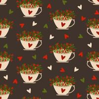 Tea cup seamless pattern. Herbal tea. Decorative hearts. Kitchen fabric design. Vector illustration.