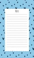 Cute vector note list template for kids. Memo card on blue background with dark hearts in hand drawn cartoon style. Colorful stationary, schedule, list, school timetable, extracurricular activities