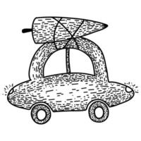 Car with a Christmas tree on the roof in cartoon doodle style. Hand drawn linear sketch illustration vector